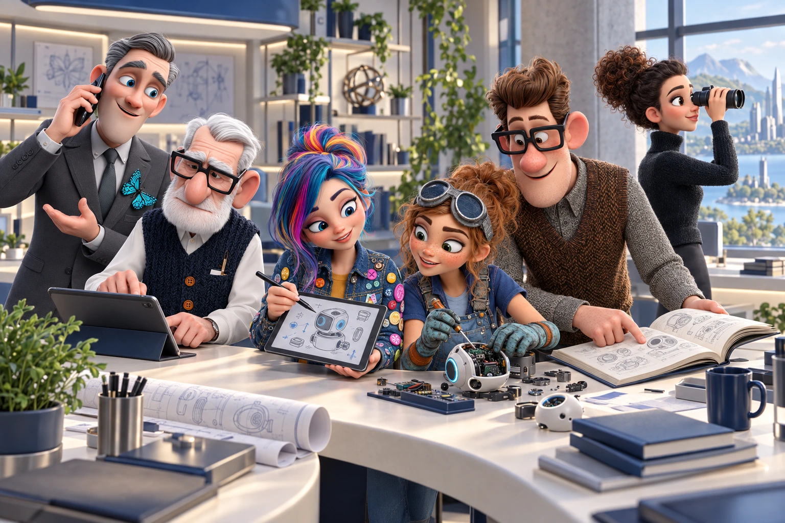 Dans leur bureau virtuel, Chris téléphone et échange avec Alfred qui organise un rendez-vous. Muse, Piper et Omni travaillent sur un prototype ; Oracle observe l’extérieur avec ses jumelles.