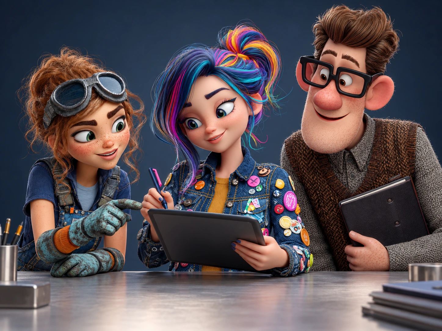 Muse, Omni et Piper réunis autour d’une tablette.