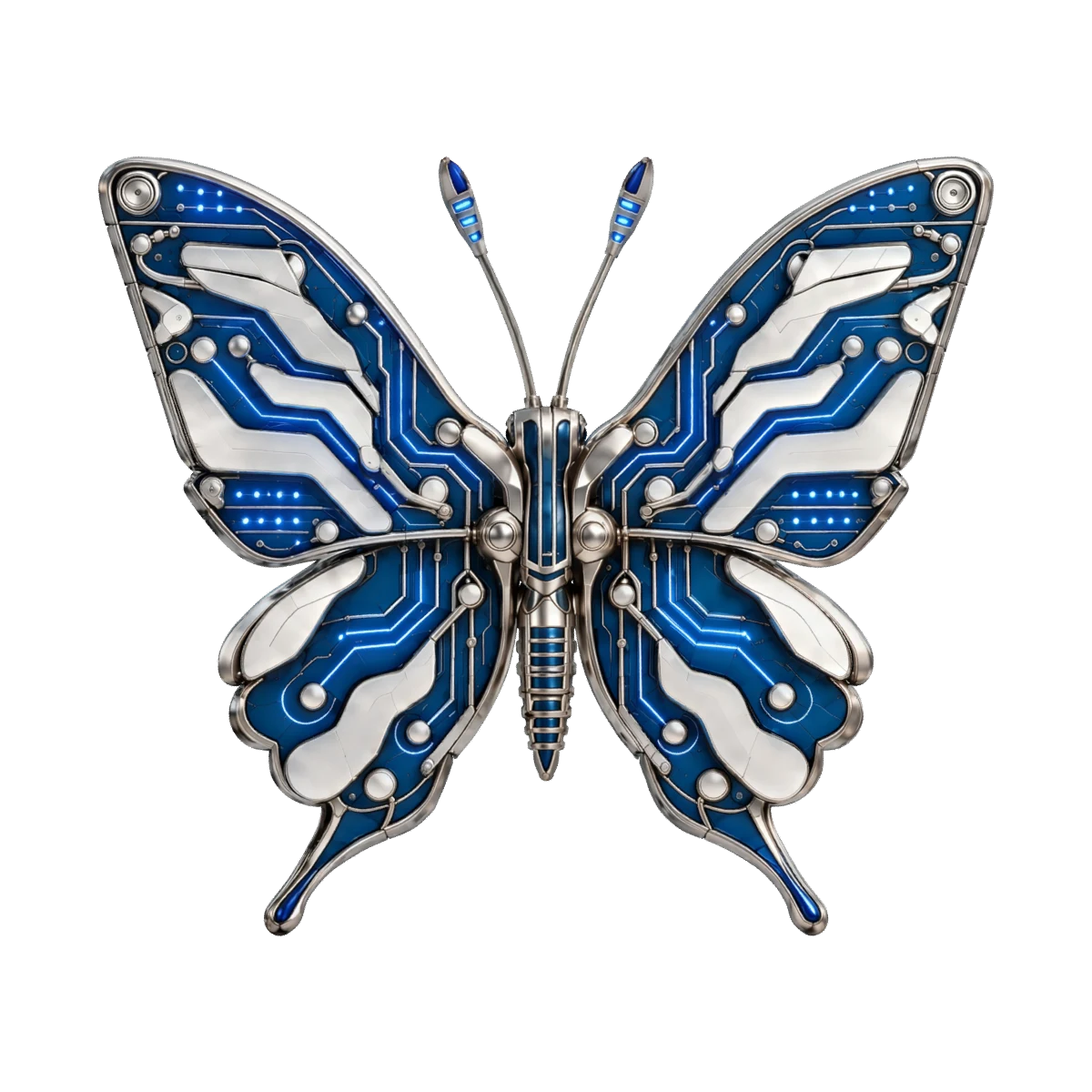 Le papillon Chrysalis, titane clair et circuits bleus, ailes déployées.